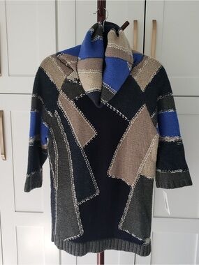Diane Von Furstenberg Wool Patchwork Knit Cowl Neck Sweater Womens SP